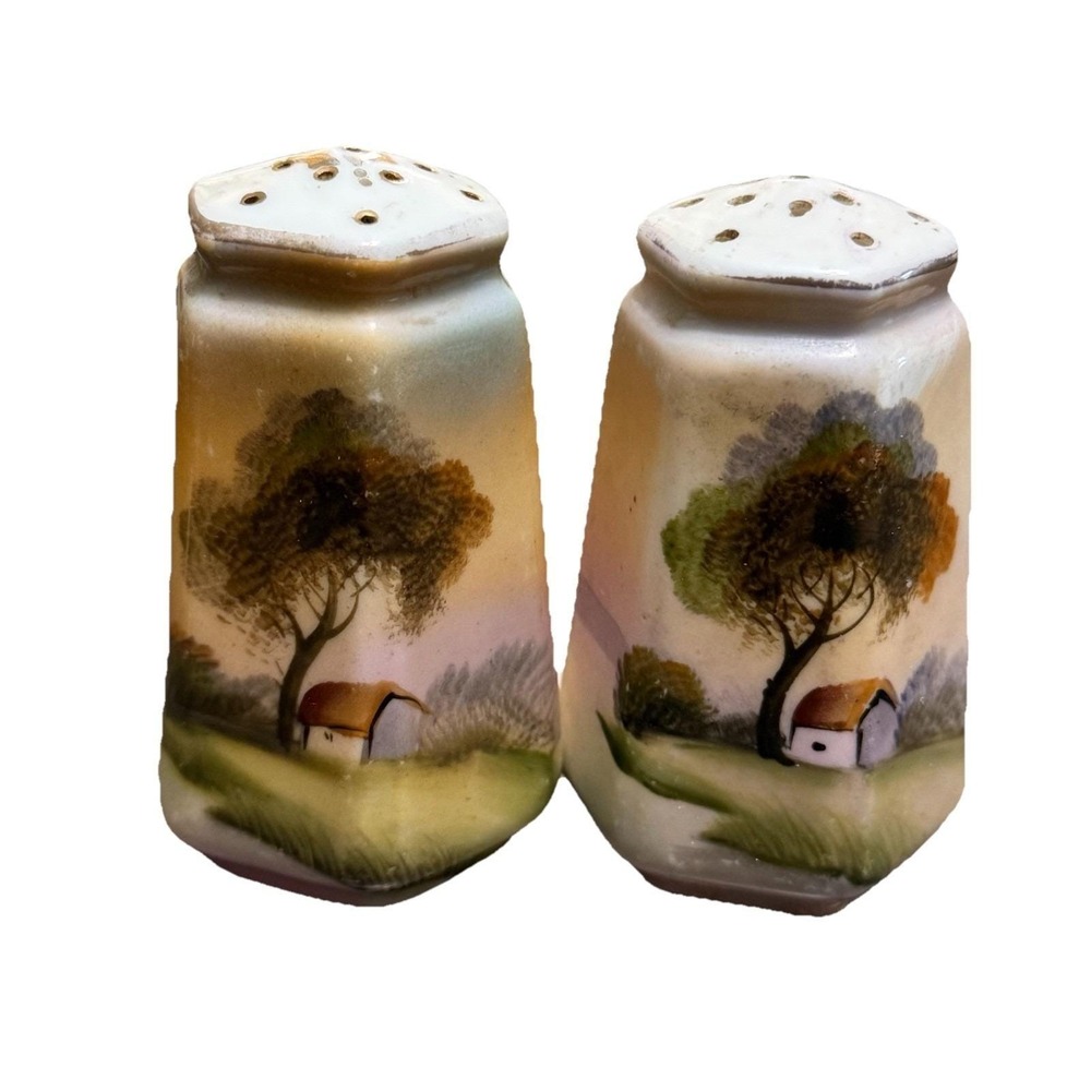 Vintage Nippon Hand‎ Painted Japan Salt Pepper Shakers Cottage Landscape